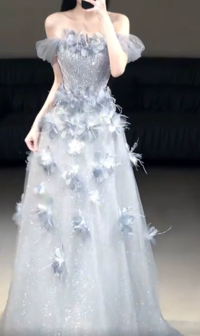 Dreamy Pale Blue Prom Gown , Glitter Tulle 3D Floral Maxi Evening Dress RS1360