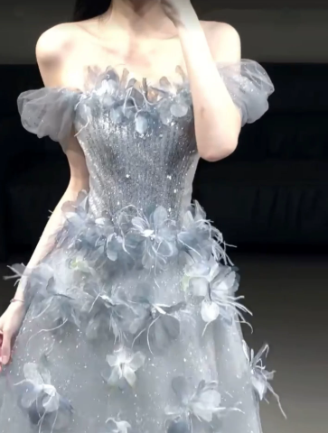 Dreamy Pale Blue Prom Gown , Glitter Tulle 3D Floral Maxi Evening Dress RS1360