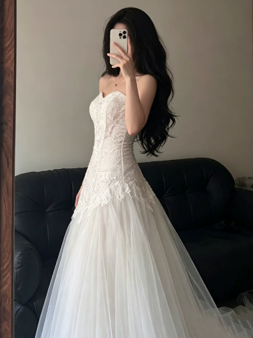 Dreamy White Prom Gown , Sweet Tulle Lace Embroidery Maxi Evening Dress RS1361