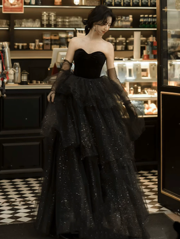 Charming Black Prom Gown , Glitter Tulle Sequins Corset Maxi Evening Dress RS1362