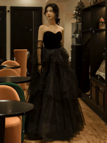 Charming Black Prom Gown , Glitter Tulle Sequins Corset Maxi Evening Dress RS1362