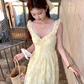 Yellow long v-neck waist hollow rose suspender dress summer French retro skirt R4872