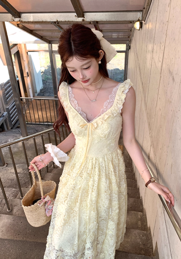 Yellow long v-neck waist hollow rose suspender dress summer French retro skirt R4872