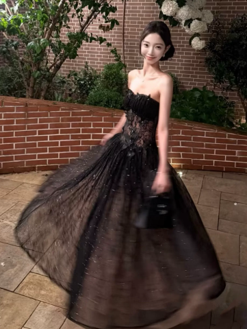 Flowy Black Prom Gown , Glitter Tulle Strapless Corset Maxi Evening Dress RS1363