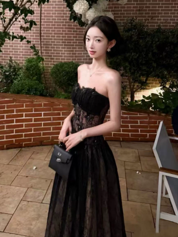 Flowy Black Prom Gown , Glitter Tulle Strapless Corset Maxi Evening Dress RS1363