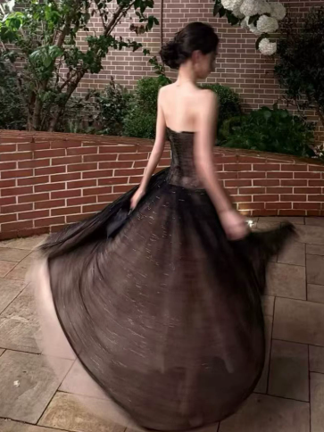 Flowy Black Prom Gown , Glitter Tulle Strapless Corset Maxi Evening Dress RS1363