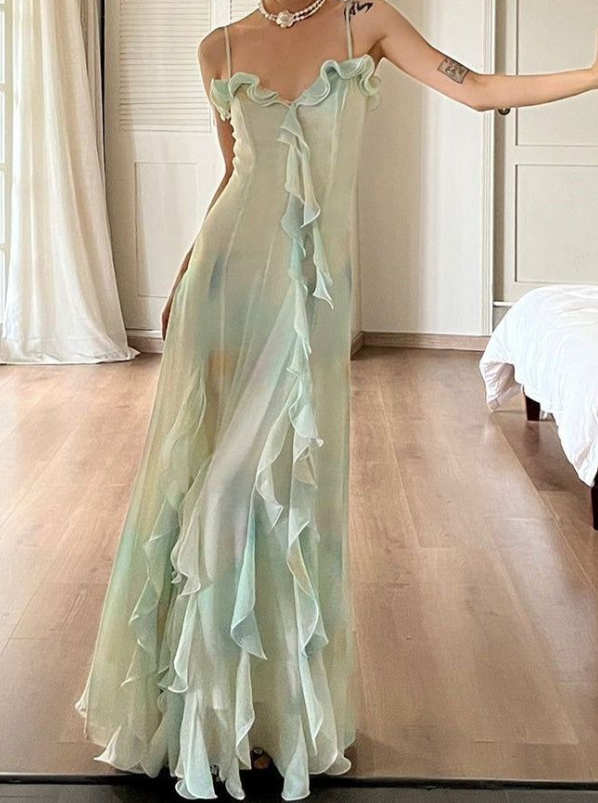 Flowy Mint Green Prom Gown , Elegant Chiffon Pleated Maxi Summer Dress RS1368