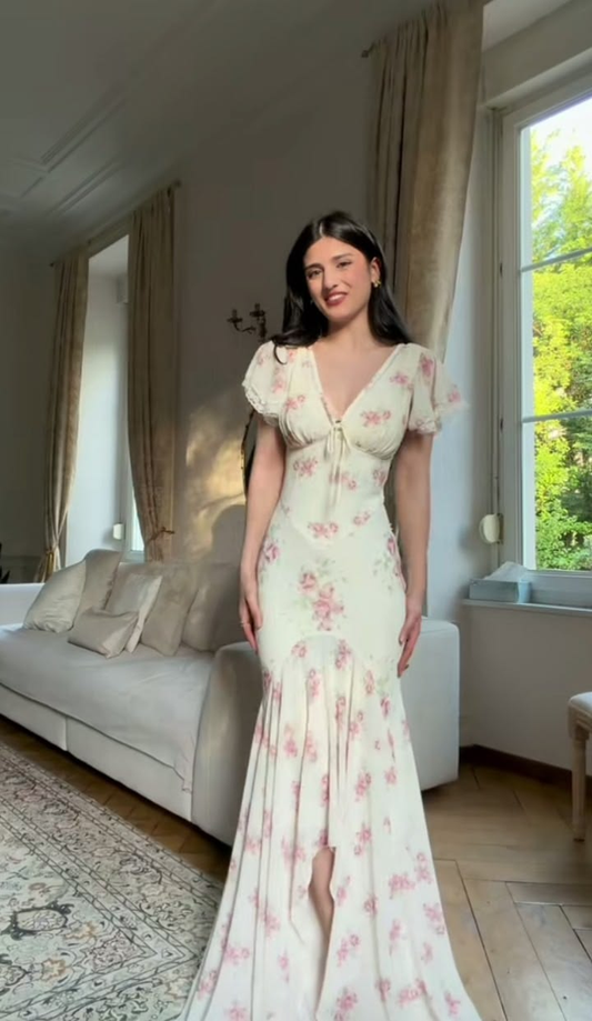 Fresh Floral Mermaid Women's Prom Gown Ivory Waist Fitted Maxi Evening Dress Birthday Dress — Fall Outfit 2026 New  RS3438