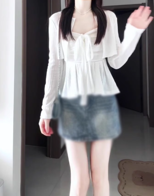 Gentle temperament white cardigan camisole vest denim shorts three-piece set R0888