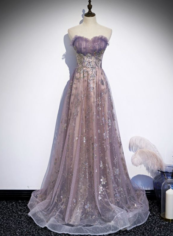 Charming Purple Prom Gown , Tulle Elegant Floral Pattern Maxi Evening Dress Birthday Dress RS1372