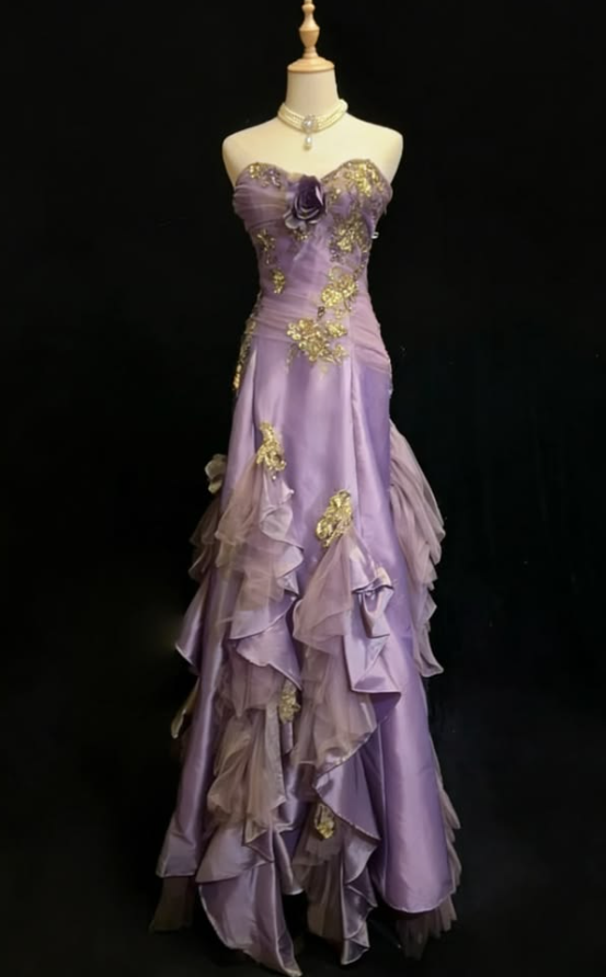 Charming Purple Prom Gown , Silky Satin Elegant Floral Maxi Evening Dress RS1373