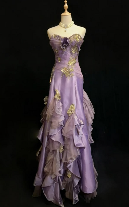 Charming Purple Prom Gown , Silky Satin Elegant Floral Maxi Evening Dress RS1373