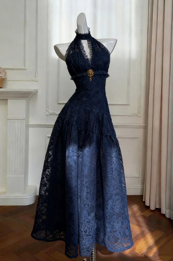 Charming Navy Prom Gown , Elegant Lace Bodycon Maxi Evening Dress RS1374