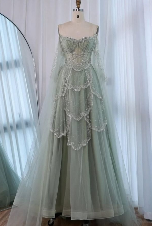 Charming Green Prom Gown , Fish Scale Tulle Elegant Bodycon Maxi Evening Dress RS1375