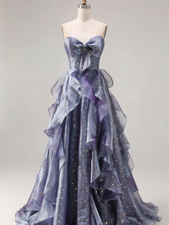 Dreamy Starry Prom Gown , Glitter Tulle Pleated Bodycon Maxi Evening Dress RS1376