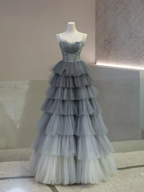 Gray Ruffled Prom Gown , Tulle Elegant Bodycon Maxi Evening Dress Cami Dress RS1377