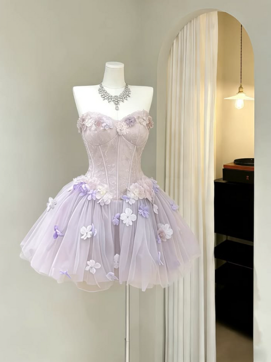 Dreamy Lavender Homecoming Dress , Tulle Applique Bodycon Short Prom Dress RS1378