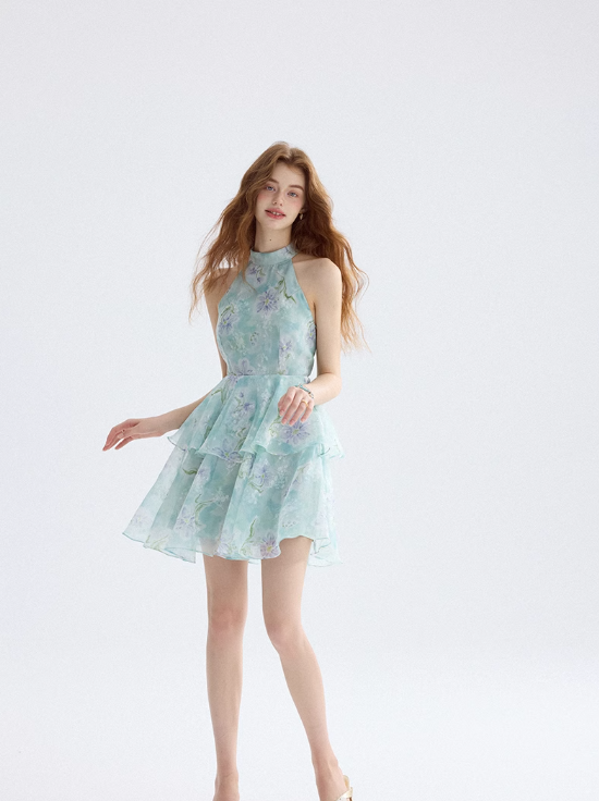 Floral dress halter neck suspender skirt short skirt vacation wear skirt women summer R3453