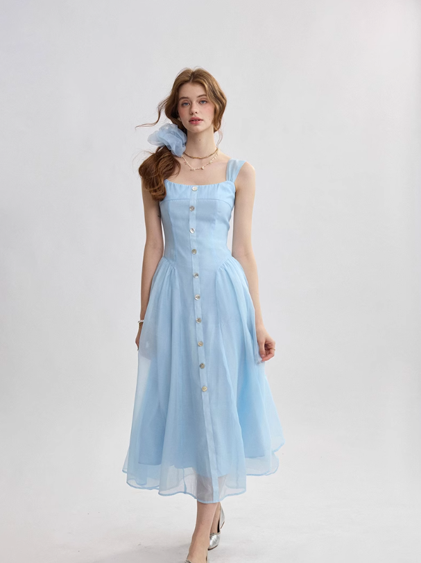 French suspender skirt blue dress sweet style sleeveless long skirt small skirt women summer R3493