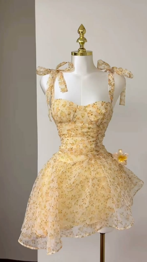 Yellow Floral Homecoming Dress , CottageCore Corset Short Prom Dress Cami Dress RS1381
