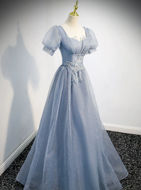 Dreamy Blue Prom Gown , Tulle Sequins Elegant Corset Maxi Evening Dress RS1398