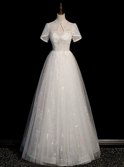 Dreamy White Prom Gown , Tulle Sequins Embroidery Corset Maxi Evening Dress RS1399