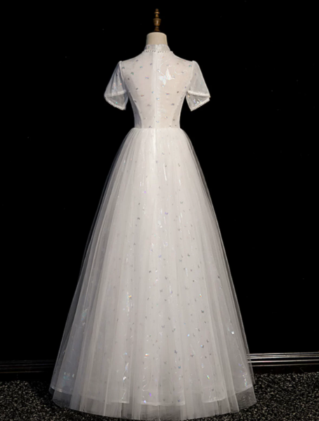 Dreamy White Prom Gown , Tulle Sequins Embroidery Corset Maxi Evening Dress RS1399