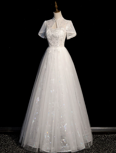 Dreamy White Prom Gown , Tulle Sequins Embroidery Corset Maxi Evening Dress RS1399
