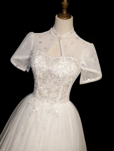 Dreamy White Prom Gown , Tulle Sequins Embroidery Corset Maxi Evening Dress RS1399