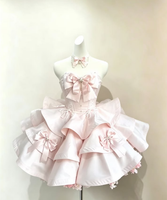 Sweet Blush Pink Homecoming Dress , Bow Decor Corset Frilled Short Prom Dress Birthday Dress RS1385