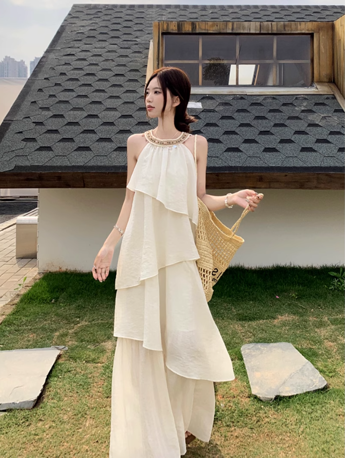 Fairy halter neck dress vacation outfit beach long dress irregular ruffle skirt R1721