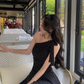 French style irregular dress with oblique shoulder, slim waist and black polka dot short skirt for summer R4335