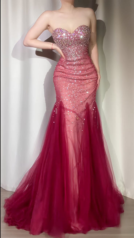 French Chic Red Mermaid Sweetheart Long Women Dress with Sequin Evening Dress Prom Dress RS121
