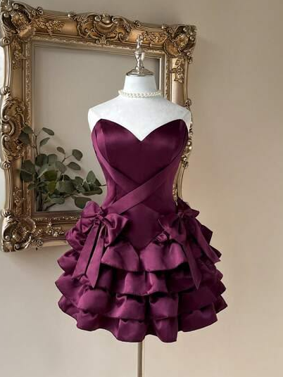 Retro Purple Homecoming Dress , Satin Ruffled Corset Short Prom Dress RS1387