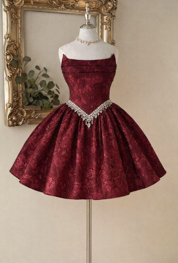 French Retro Burgundy Homecoming Dress , Floral Pattern Elegant Short Prom Dress RS1390