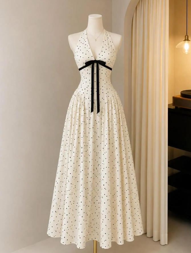 Resort White Prom Gown , Polka Dots Halter Corset Maxi Summer Dress RS1400