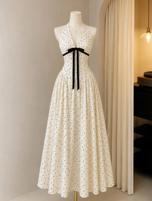 Resort White Prom Gown , Polka Dots Halter Corset Maxi Summer Dress RS1400