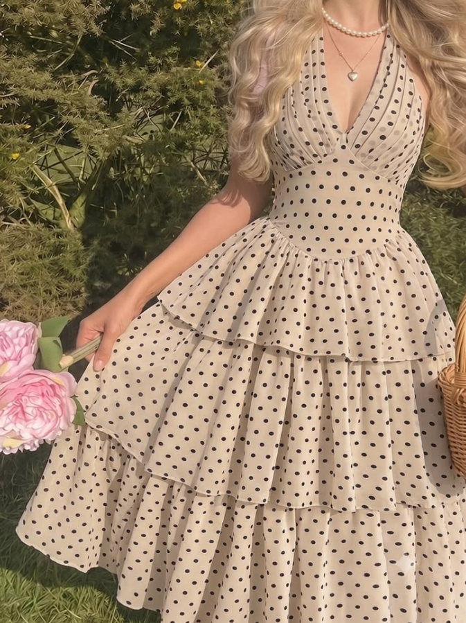 Resort Ivory Prom Gown , Polka Dots Halter Corset Midi Summer Dress RS1401
