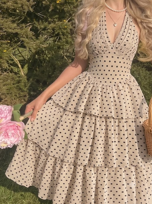 Resort Ivory Prom Gown , Polka Dots Halter Corset Midi Summer Dress RS1401
