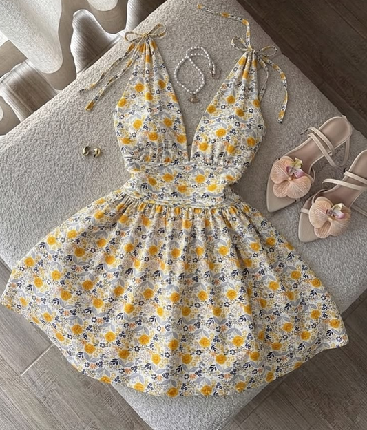 Retro Floral Homecoming Dress , Sexy CottageCore Corset Summer Dress RS1393