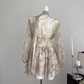 Long-sleeved V-neck puff sleeve chiffon yellow floral dress two-piece waisted short skirt R2022