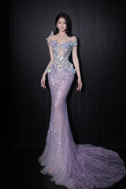 French Chic Exquisite Lilac Mermaid Sweetheart Long Women Dress with Beaded and Applique Evening Dress Birthday Dress RS122