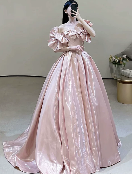 Sparkly Pink Prom Gown , Silky Princess Style Corset Maxi Evening Dress RS1402