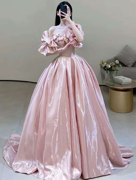 Sparkly Pink Prom Gown , Silky Princess Style Corset Maxi Evening Dress RS1402