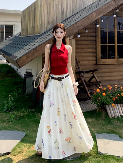 Date suit red sleeveless backless sweater printed skirt rich feeling outfit two piece suit R1744