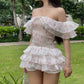 White one-shoulder short skirt sexy pink floral waist cake skirt short skirt homecoming dress R4089