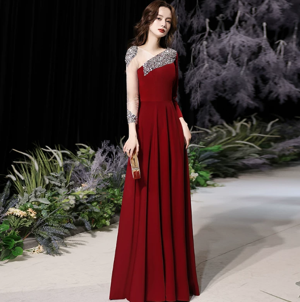 Sparkly Burgundy Prom Gown , Sequins Glitter Satin Corset Maxi Evening Dress RS1404
