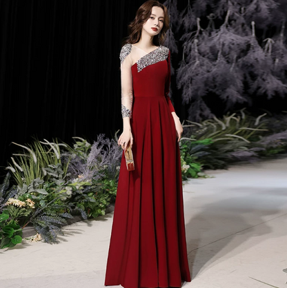 Sparkly Burgundy Prom Gown , Sequins Glitter Satin Corset Maxi Evening Dress RS1404