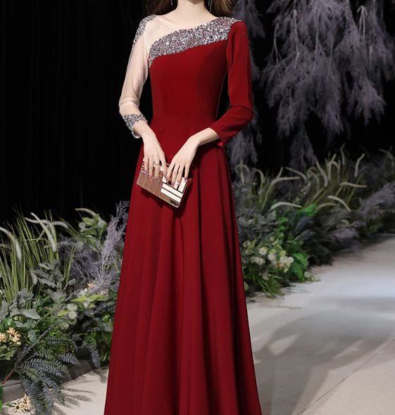 Sparkly Burgundy Prom Gown , Sequins Glitter Satin Corset Maxi Evening Dress RS1404