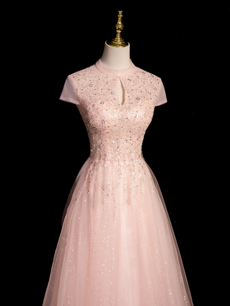 Gentle Pink Prom Gown , Sequins Romantic Tulle Corset Maxi Evening Dress Birthday Dress RS1405